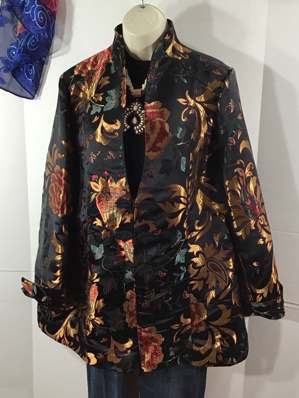 Soft Surroundings Moon Dynasty Black Satin Brocade Floral Mandarin Jacket XL